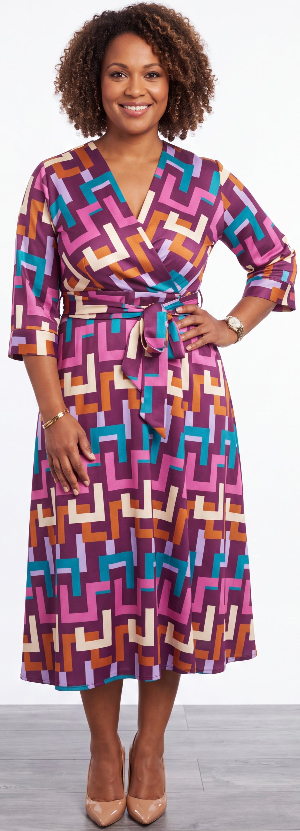 Print wrap midi dress