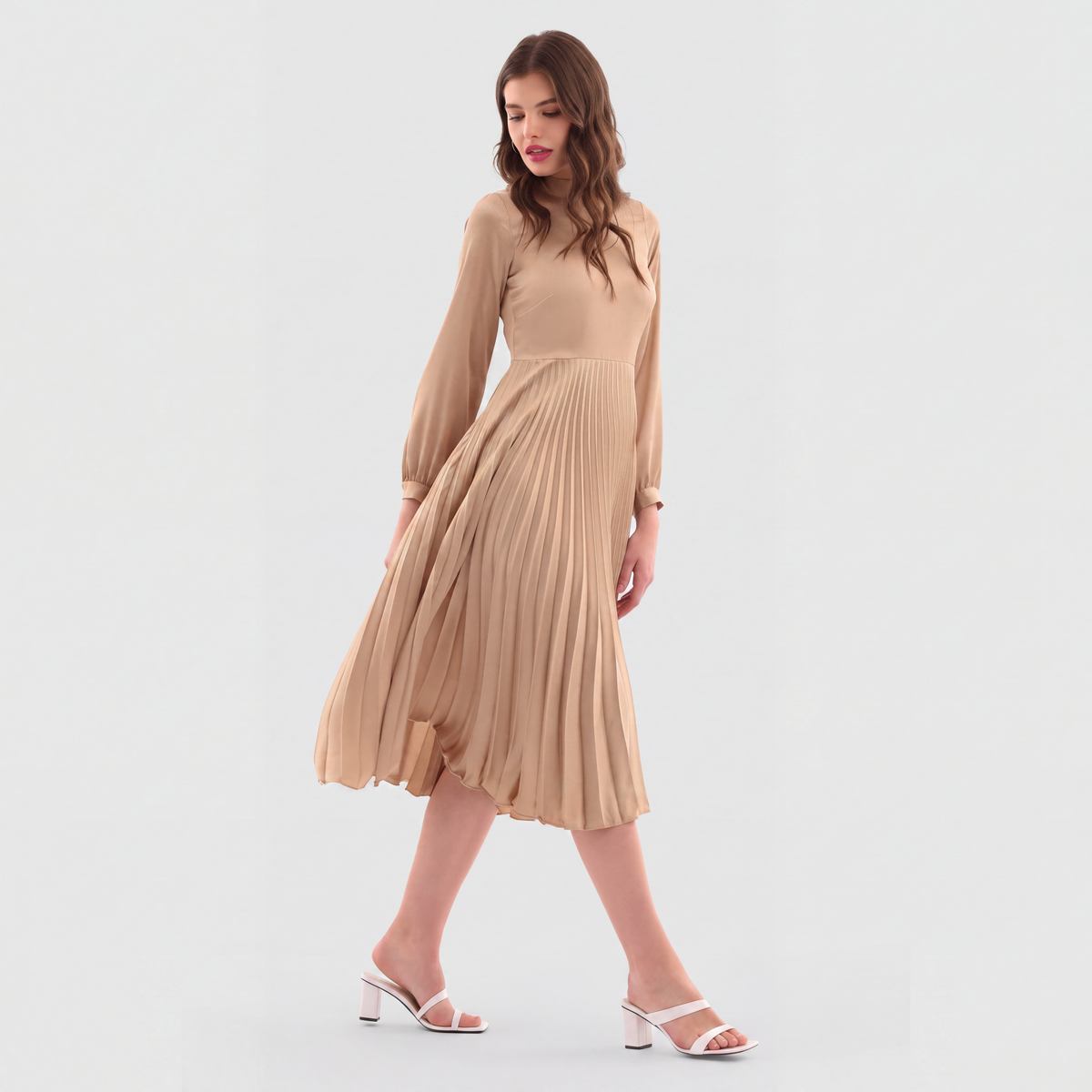 Beige midi pleated dress